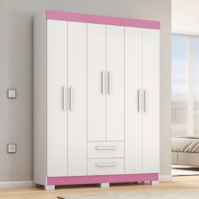 Guarda-Roupa com 6 Portas e 2 Gavetas Branco/Rosa NT6015 Notável Móveis Guarda-Roupa com 6 Portas e 2 Gavetas Branco/Rosa NT6015 Notável Móveis