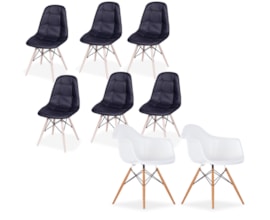 Kit 2 Cadeiras Charles Eames com braço Branca e 6 Cadeiras Botonê Preta Kit 2 Cadeiras Charles Eames com braço Branca e 6 Cadeiras Botonê Preta