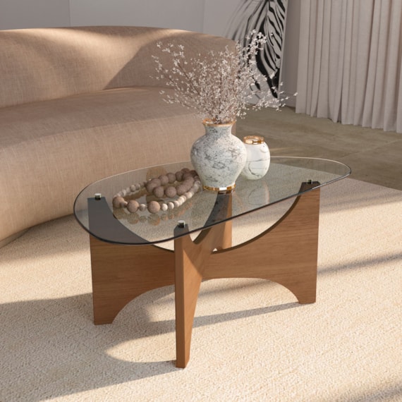 Mesa De Centro Com Tampo De Vidro Levitá Cinamomo Artely 