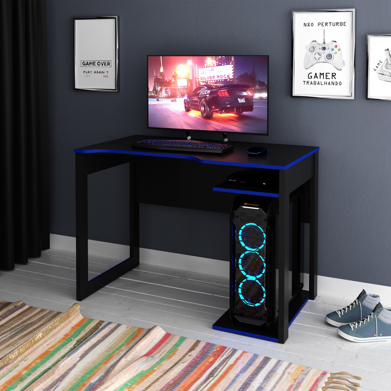 Mesa Gamer Preto Com Azul Me4161 Tecno Mobili - Casa Aberta Brasil