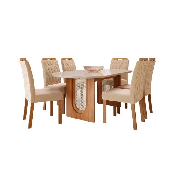 Sala de Jantar Com Mesa Oval 2,10m Valentina e 6 Cadeiras Paola Cinamomo/Off White/Madeira/Nude Cimol Móveis