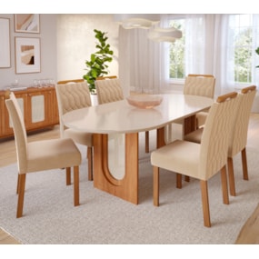 Sala de Jantar Com Mesa Oval 2,10m Valentina e 6 Cadeiras Paola Cinamomo/Off White/Madeira/Nude Cimol Móveis